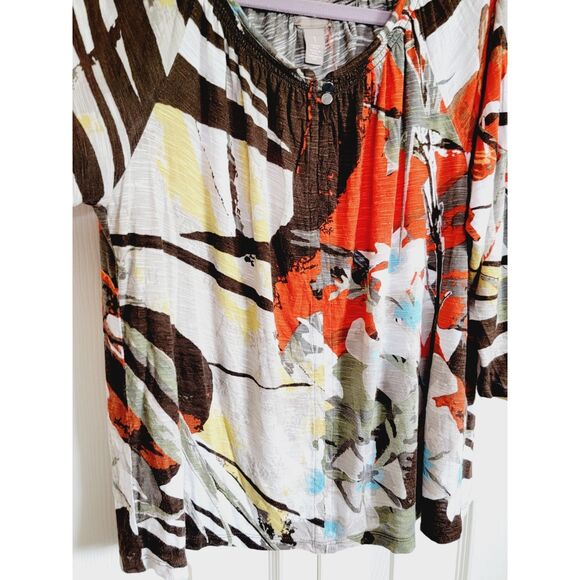 Chico's 1 Womens Large Floral Neutral Colors‎ 3/4 Sleeve Top Blouse Round Neck M - Picture 6 of 8